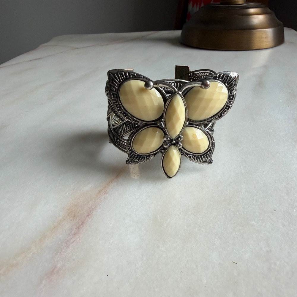 Y2K‎ Butterfly Chunky Cuff Bracelet Silver Tone Cream Stone Filigree Woven Band